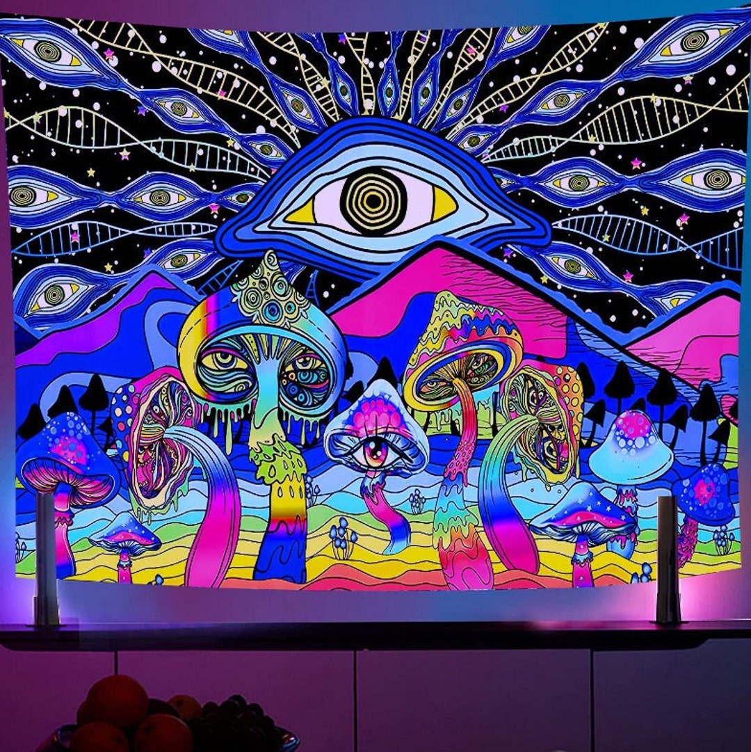 Blacklight Mountain Mushroom Eyes Tapestry,uv Reactive Tripp Tapestries ...