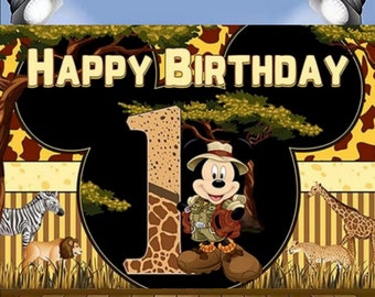 ミッキーサファリ1歳の誕生日パーティー用ブラウン背景 ミッキーテーマパーティー用ジャングルサファリ写真背景 ケーキテーブルデコレーション