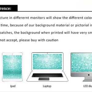 May include: Illustration showing how the same image can appear in different colours depending on the screen it is viewed on. The image shows a turquoise background with white sparkles. The image is shown on a phone, an iPad, a laptop, and an LED display.