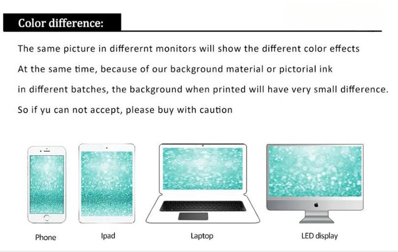 May include: Illustration showing how the same image can appear in different colours depending on the screen it is viewed on. The image shows a turquoise background with white sparkles. The image is shown on a phone, an iPad, a laptop, and an LED display.