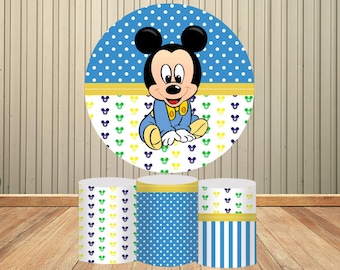 Fondo redondo azul de Mickey Mouse para niños, fiesta de cumpleaños, cubierta cilíndrica de dibujos animados, decoración, fondo de fotografía, pancarta elástica