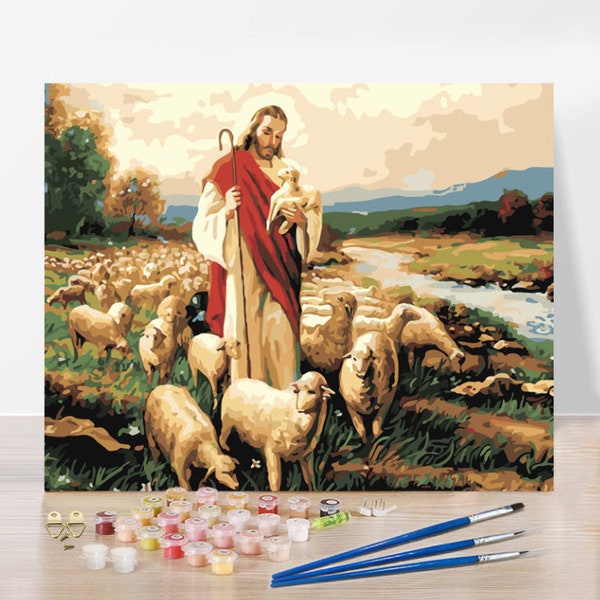 Paint By Numbers Jesus and sheep Scenery Canvas Painting DIY Paint By Number Kit for Adult Natural Landscape Wall Art Painting Home Decor