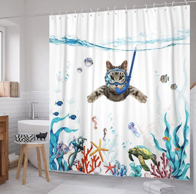 面白いダイビング猫シャワーカーテン 海 オーシャン 防水生地シャワー