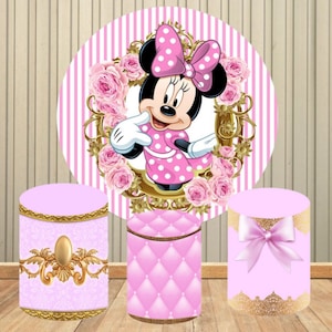 Disney Pink Minnie Mouse Baby Shower Girls Birthday Party Round Circle Backdrops Cartoon Customized Background Party Decor