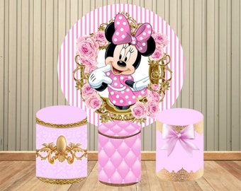 Disney Pink Minnie Mouse Baby Shower Girls Birthday Party Round Circle Backdrops Cartoon Customized Background Party Decor
