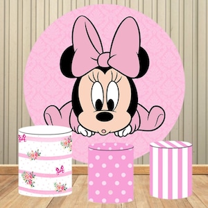 Cartoon Cute Pink Baby Minnie Mouse Round Backdrop Custom Girls 1st Birthday Party Decoration Banner Round Background Covers