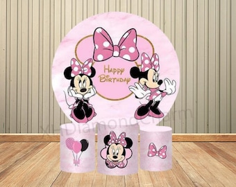 Minnie Mouse Round Backdrop Girls Birthday Party Baby Shower Photography Background Cute Pink Circle Decoration Booth Prop