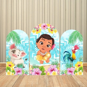 Baby Moana Prinzessin Doppelseitiger Bogen Abdeckung Kulissenwand für Kinder Babyparty Geburtstagsfeier Hintergrund Wanddekoration Lieferungen