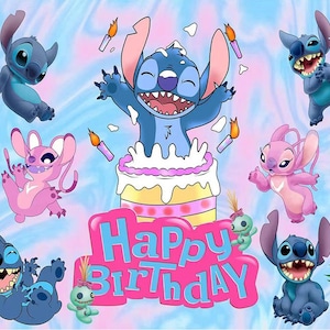May include: A blue Stitch character from the Disney movie Lilo & Stitch is celebrating a birthday with a pink and yellow cake. The cake is surrounded by candles and other Stitch characters. The text "Happy Birthday" is written in pink and blue letters on the cake.