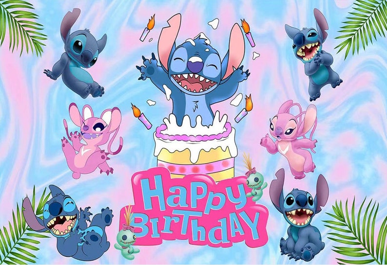 May include: A blue Stitch character from the Disney movie Lilo & Stitch is celebrating a birthday with a pink and yellow cake. The cake is surrounded by candles and other Stitch characters. The text "Happy Birthday" is written in pink and blue letters on the cake.