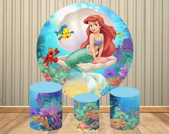 Underwater Mermaid Baby Shower Round Circle Backdrop Disney Customized Girls Birthday Party Background Event Decor Cylinder Cover