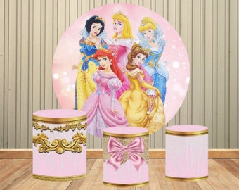 Cartoon Castle Princess Round Backdrop Disney Circle Cover Photography Backdrop Girl Happy Birthday Decor Cylinders Covers
