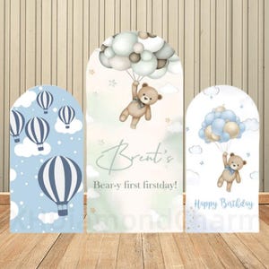 Copertura per sfondo ad arco personalizzato, mongolfiera, orso carino, decorazione per festa di compleanno, sfondo personalizzato per baby shower, studio fotografico, accessori per fotocall