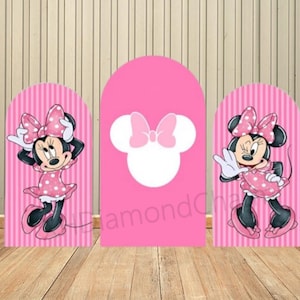 Fondo de arco de Minnie Mouse rosa de dibujos animados para decoración de fiesta de cumpleaños de niña, cubierta de pared arqueada para baby shower de Minnie con acuarela