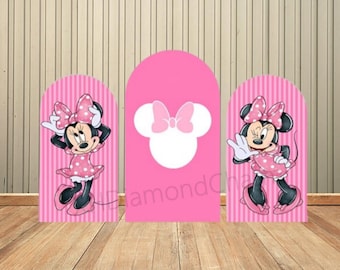 Cartoon Pink Minnie Mouse Arch Backdrop for Girl Birthday Party Decoration Watercolor Minnie Baby Shower Arched Cover Wall
