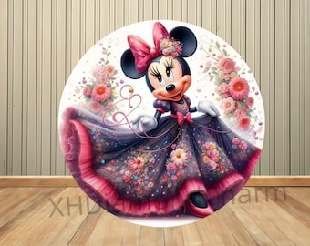 Cartoon Disney Minnie Mickey Mouse Round Backdrop Baby Shower Girls Birthday Cartoon Party Decor Background Photo Photographic Prop