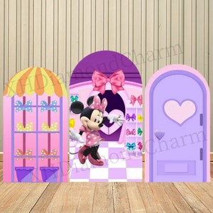 Fondo de pared con arco de cumpleaños de Minnie de dibujos animados de Disney para pared con nudo de lazo rosa, suministros de decoración de pared para fiesta de cumpleaños y Baby Shower para niños