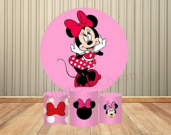 Minnie Mouse Round Backdrop Decoration Pink Girls Birthday Party Cylinder Plinth Covers Mickey Mouse Photo Background