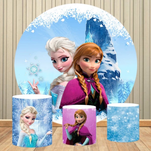 Frozen Princess Round Circle Backdrops Disney Anna and Elsa Princess Girls Birthday Baby Shower Party Backdrops Cylinder Covers Elastic