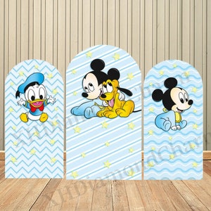 Cartoon Blue Little Mickey Donald Duck Birthday Arch Backdrop Cover Baby 1st Birthday Double-Sided Chiara Backdrop Party Decoration Supplies