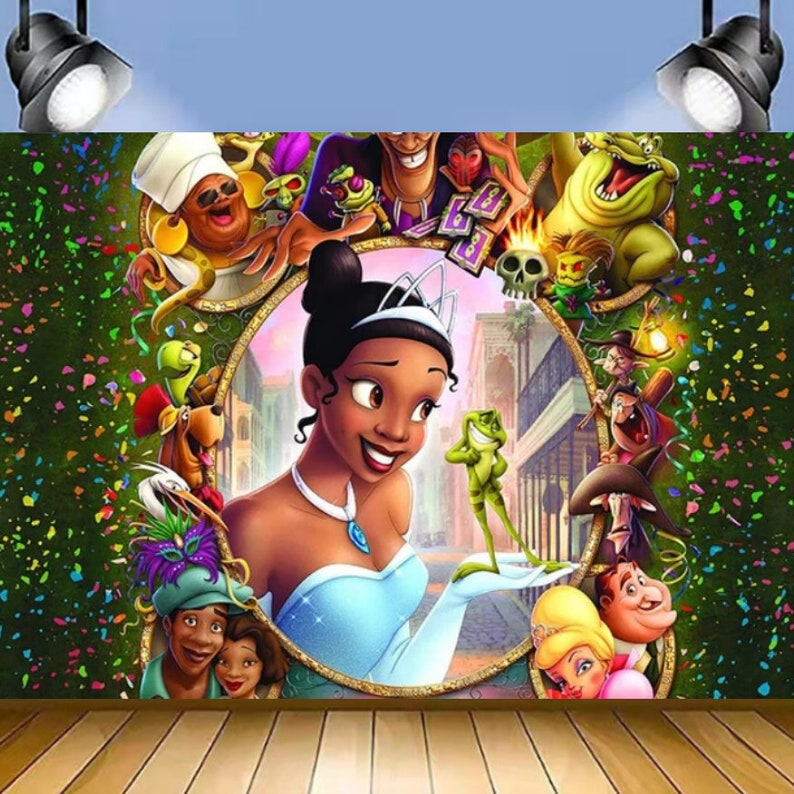 Cartoon Princess and The Frog Backdrop Tiana Photography Background Baby Shower Girl Birthday Party Cake Table Banner Decoration image 1