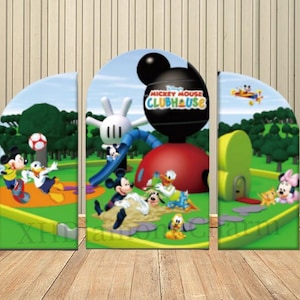 Cartoon Mickey Mouse Clubhouse Arch Backdrop Cover Chiara Backdrop für Kinder Geburtstag Party Decor Liefert glücklich 1st Geburtstag Hintergrund