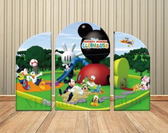 Cartoon Mickey Mouse Clubhouse Arch Backdrop Cover Chiara Backdrop for Kids Birthday Party Decor Supplies Happy 1st Birthday Background