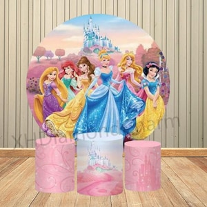 Fondo redondo de princesas del castillo de Disney para fiesta de cumpleaños de niñas, baby shower, pancarta para mesa de pastel, cubiertas de pedestal
