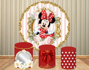 Pink Red Minnie Mouse Baby Shower Girls Birthday Party Round Circle Backdrops Customized Wedding Background Party Decor