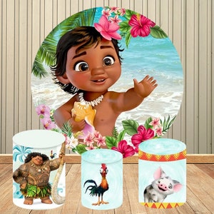 Baby Moana Runde Kulisse für Babyparty Mädchen 1. Geburtstag Party Kreis Hintergrund Zylinder Deckt Ozean Sommer Banner