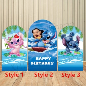 May include: Three different styles of birthday party decorations featuring Stitch and Angel from the Disney movie Lilo & Stitch. The decorations are shaped like arches and feature the characters surfing on waves. The text "Happy Birthday" is printed on the middle decoration.