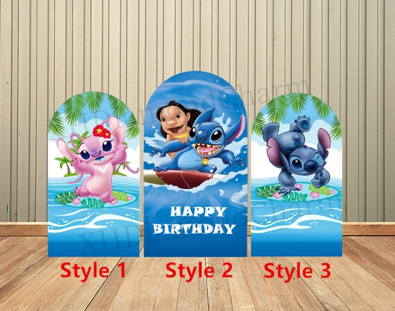 May include: Three different styles of birthday party decorations featuring Stitch and Angel from the Disney movie Lilo & Stitch. The decorations are shaped like arches and feature the characters surfing on waves. The text "Happy Birthday" is printed on the middle decoration.