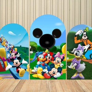 Fondo de arco de la Casa Club de Mickey Mouse de dibujos animados para decoración de fiestas de cumpleaños de niños, fondo de feliz primer cumpleaños