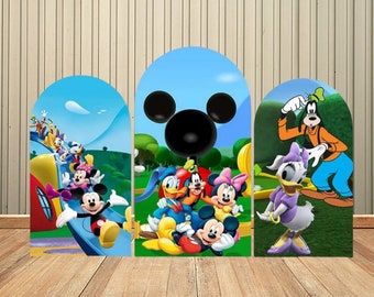 Cartoon Mickey Mouse Clubhouse Arch Cover Backdrop for Kids Birthday Party Decor Supplies Happy 1st Birthday Background