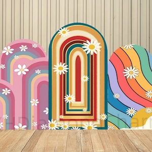 Sfondo ad arco bifacciale con decorazione a margherita arcobaleno in stile Bohemia, per baby shower, parete ad arco per bambini, festa del 1° compleanno, ballo di fine anno