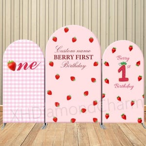 Sfondo con arco di fragole, sfondo per festa di compleanno con nome personalizzato, sfondo a quadri rosa per baby shower, personalizzato