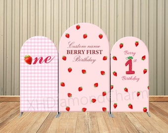 Strawberry Arch Backdrop Cover Berry First 1st Birthday Party Custom Name Pink Baby Girl Shower Plaid Background Personalized