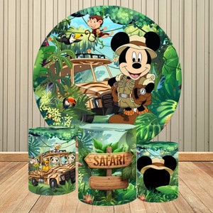 Couverture d&#39;arrière-plan ronde Mickey Mouse pour garçon, décoration de fête d&#39;anniversaire, fête dans la Jungle, couverture de cylindre de voiture Mickey sauvage