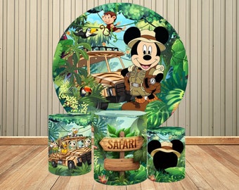 Mickey Mouse Boy Round Backdrop Cover Birthday Party Decoration Jungle Party Wild Mickey Car Cylinder Cover Background