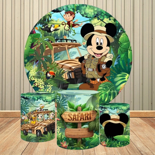 Mickey Mouse Boy Round Backdrop Cover Birthday Party Decoration Jungle Party Wild Mickey Car Cylinder Cover Background