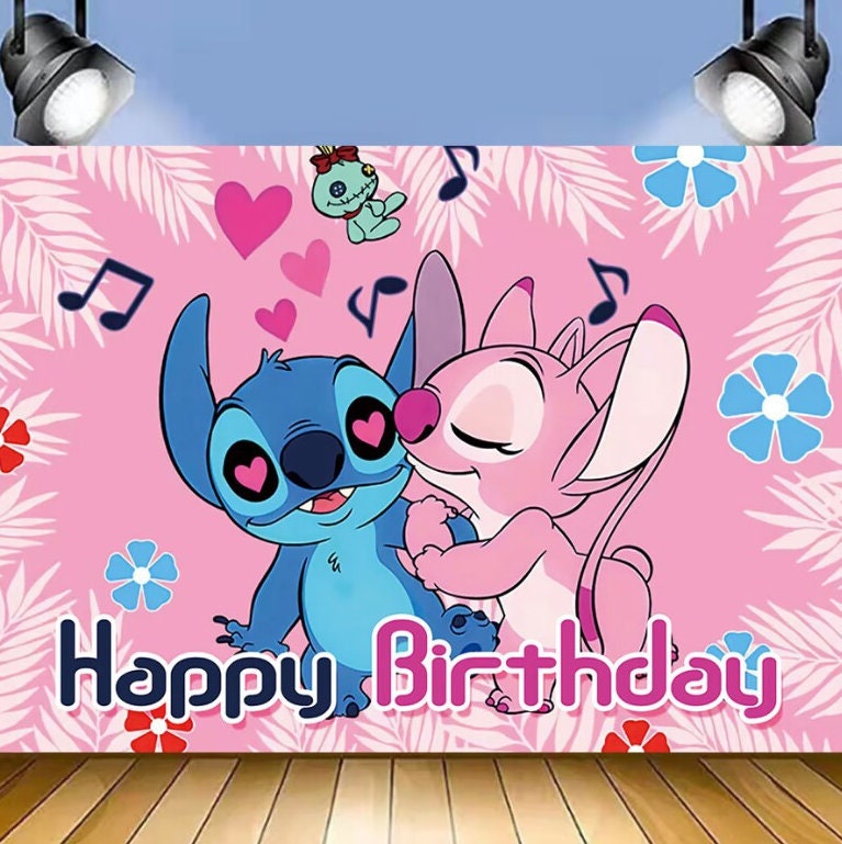 Pink Floral Stitch Theme Party Photography Backdrop Kids Baby Shower Party Backdrop Newborn Birthday Photo Banner Cartoon Background Decor