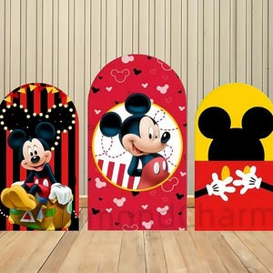 Disney Mickey Mouse Arch Backdrop Cover Gold Red Baby Shower Boy Birthday Party Background Decor Photography Wall Elastic Fabric