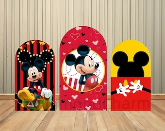 Disney Mickey Mouse Arch Backdrop Cover Gold Red Baby Shower Boy Birthday Party Background Decor Photography Wall Elastic Fabric