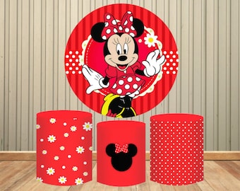 Disney Mickey Mouse Round Background Red Dance Minnie Mouse Friend Party Circle Backdrops Children's Birthday Decoration Dessert Table Cover