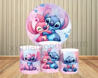Fondo de fotografía redondo con puntada de ángel de dibujos animados, cubierta cilíndrica, pedestal para fiesta de cumpleaños de baby shower, mesa de postres, fondo para fotografía
