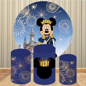 Royal Blue Mickey Mouse Baby Shower Round Circle Fondali Fuochi d'artificio Castello Bambini Festa di compleanno Sfondo Evento Decor