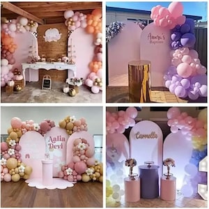 May include: Four different party backdrops decorated with pink, purple, and gold balloons. Each backdrop features a white arch with a personalized message, such as "Aalia Devi" and "Carmella".