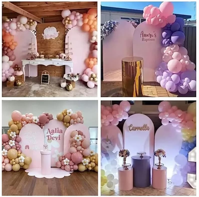 May include: Four different party backdrops decorated with pink, purple, and gold balloons. Each backdrop features a white arch with a personalized message, such as "Aalia Devi" and "Carmella".
