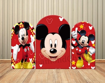 Tło łukowe na przyjęcie urodzinowe dla chłopców z motywem Myszki Miki, czerwone, czarne, żółte, Chiara, zestawy łukowych ścian na baby shower