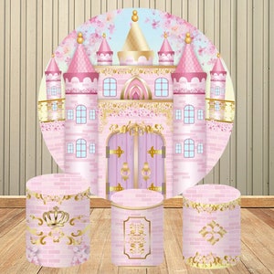 Princess Castle Circle Round Backdrops Flower Pink Girl 1st Birthday Background Party Decor Gold Photo Studio Baby Shower Banner